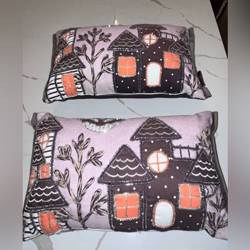 Spooky Night (2) Halloween Embroidered & Beaded Accent Pillows 18 X 8